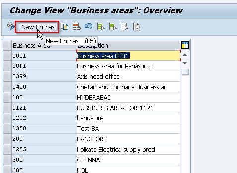 Click New Entries for New Business Area