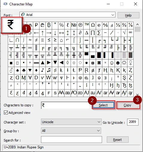  Insert Rupee Symbol in Word Using Character Map