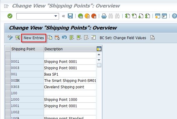 New Entries Button to define shipping point