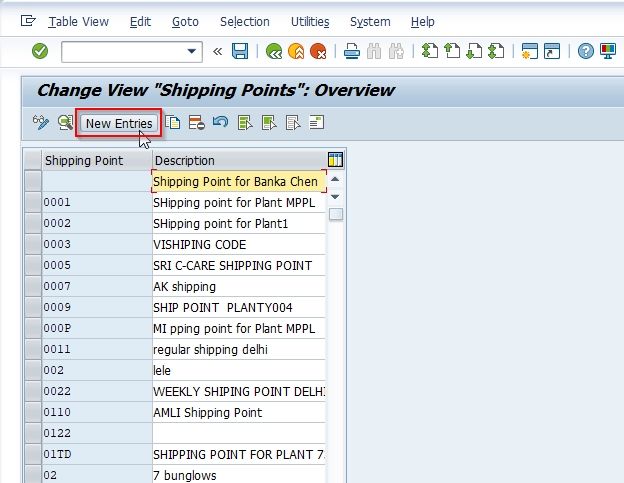 New Entries Button to define shipping point