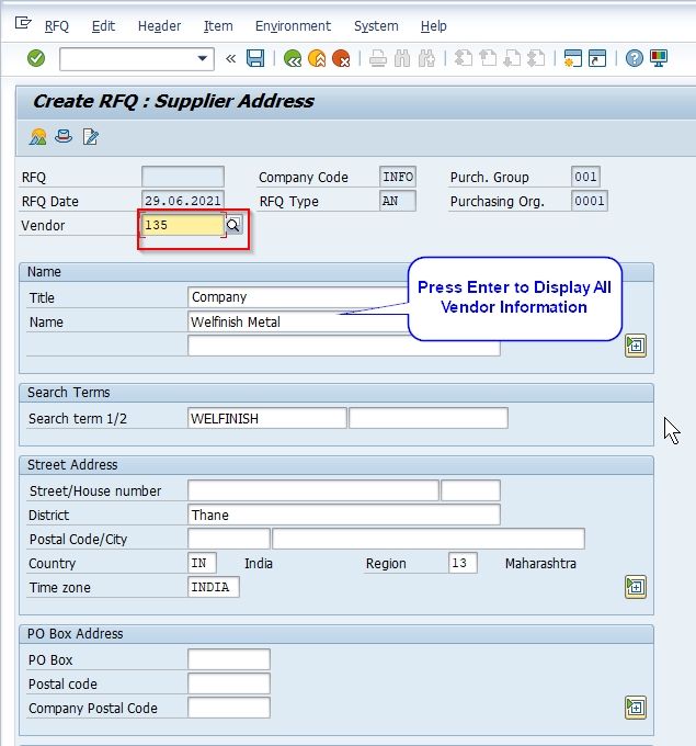 RFQ Vendor Address