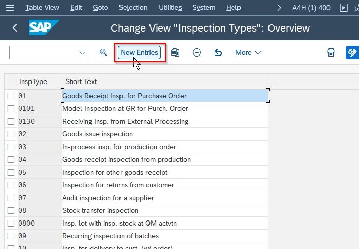 inspection type assignment table in sap