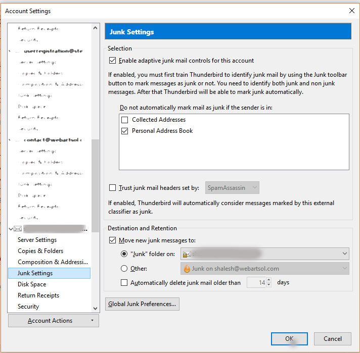 Junk Folder Settings in Thunderbird