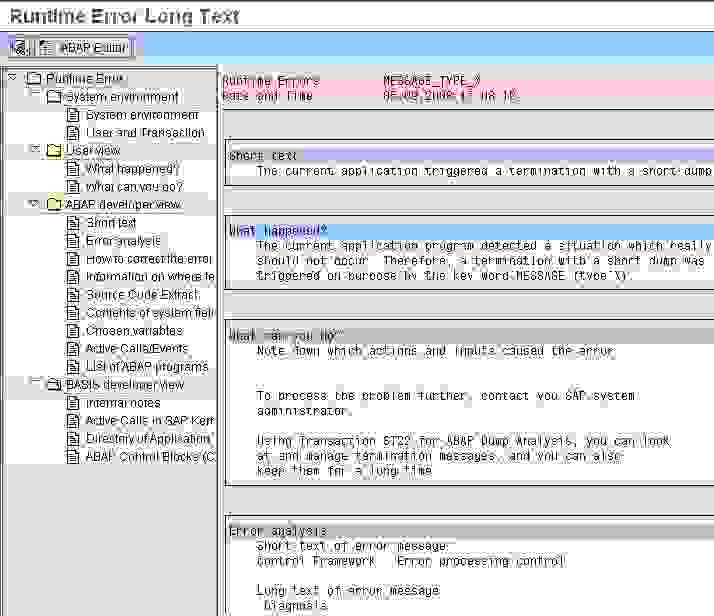 MESSAGE_TYPE_X Abap Dump Error