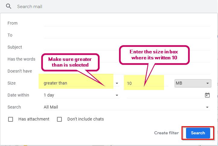 Search Email by Size