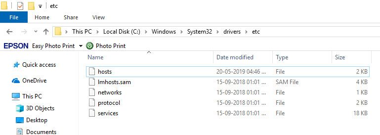 Location of hosts file in Windows 10