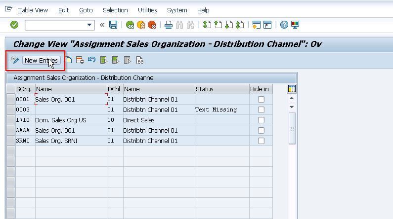 New Entries on Sales Organization Distribution Channel