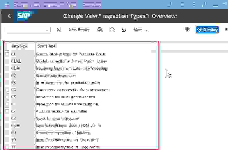 inspection type assignment table in sap