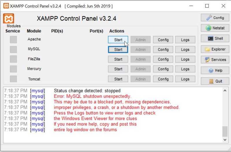 Error: MySQL shutdown unexpectedly in XAMPP