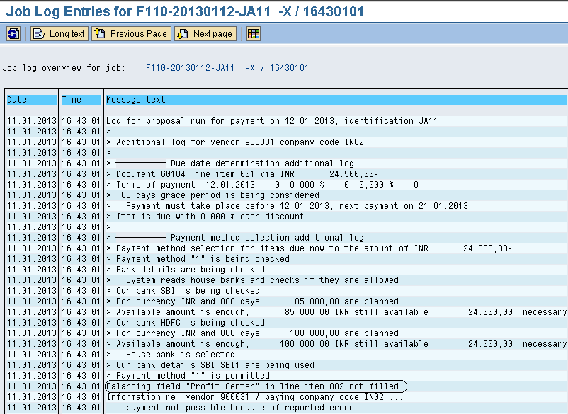 F110 " Error in creating the payment document; read job log"