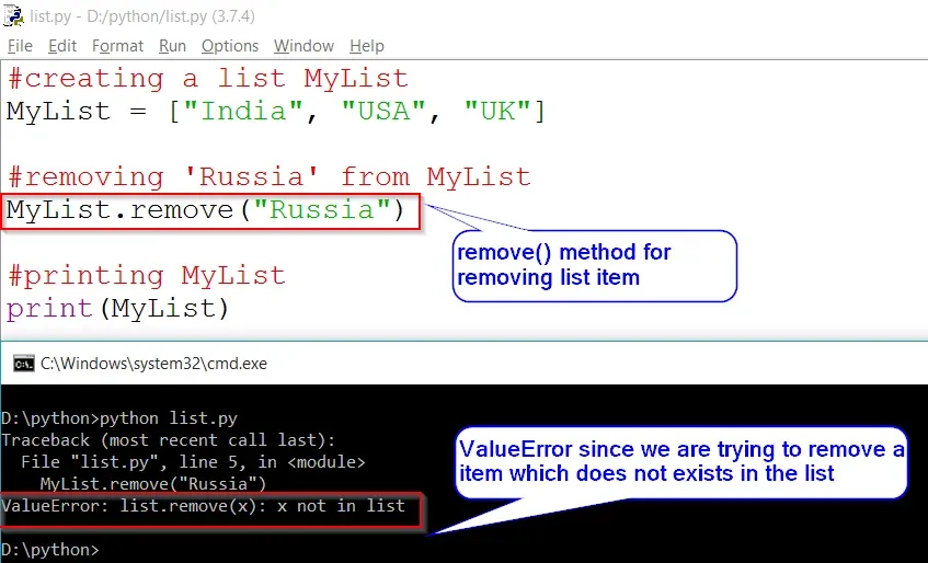 ValueError: list.remove(x): x not in list