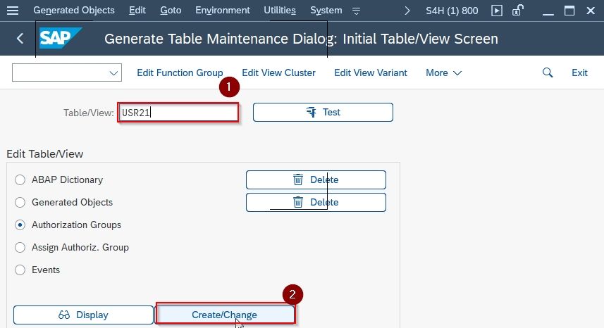 Generate Table Maintenance Dialog: Initial Table/ View Screen